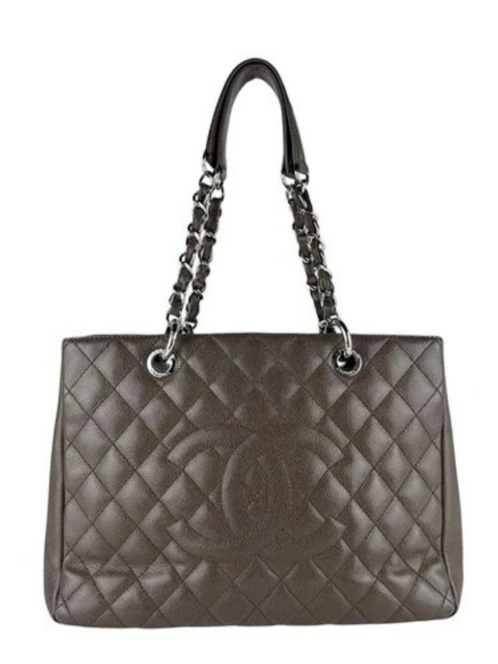 Auth CHANEL GST Shoulder Bag Brown/Silver Leather/Metal - z9805